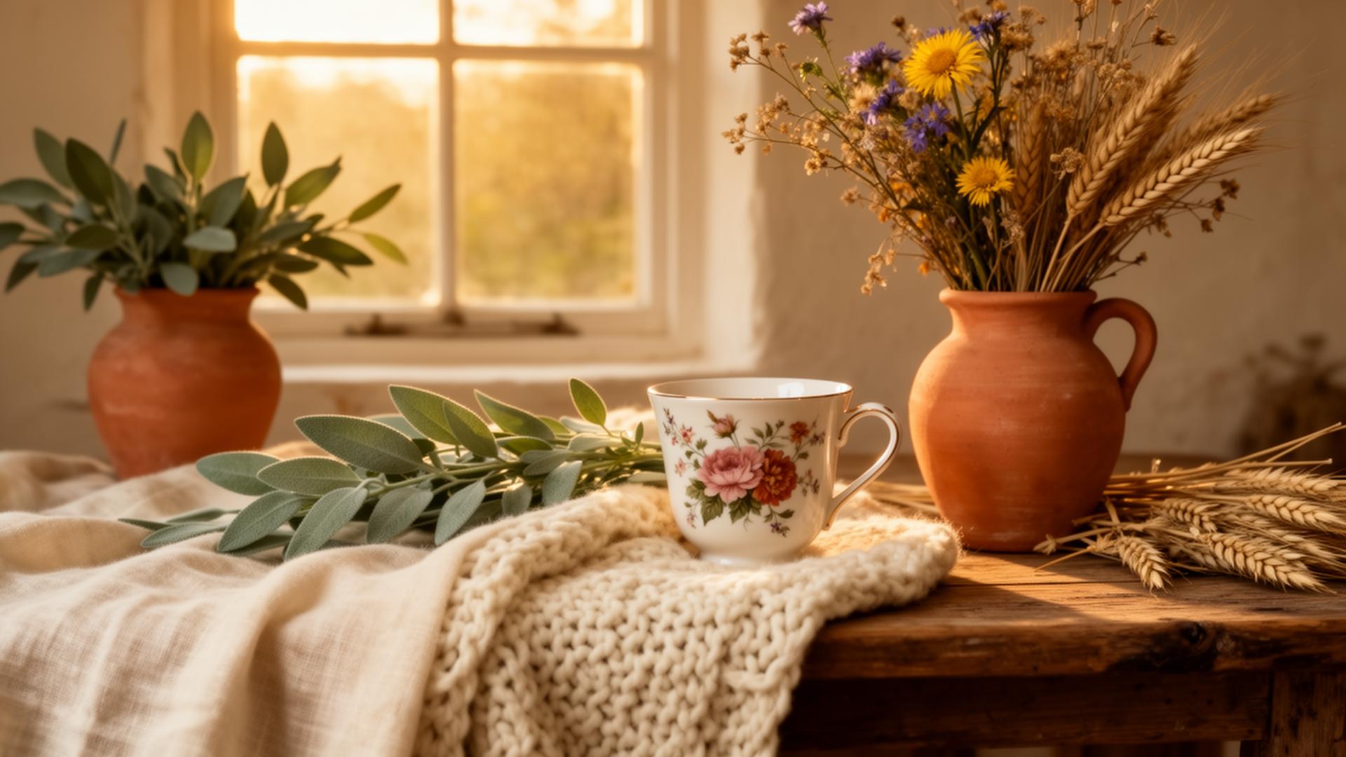 A bone china mug, sage leaves and dried wildflowers on a rustic table at golden hour